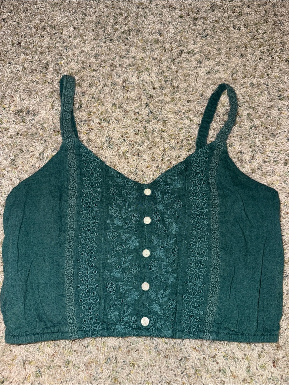 American Eagle Outfitters Dark Green Embroidered Button-Front Crop Cami